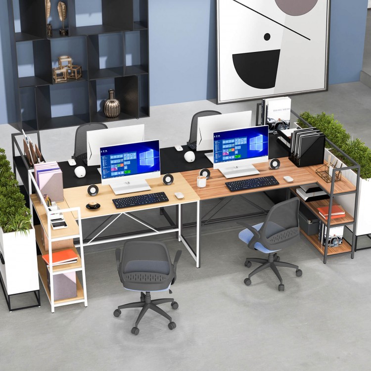Spacious walnut desktop of the reversible L-shaped workstation, designed for efficient home office organization and.